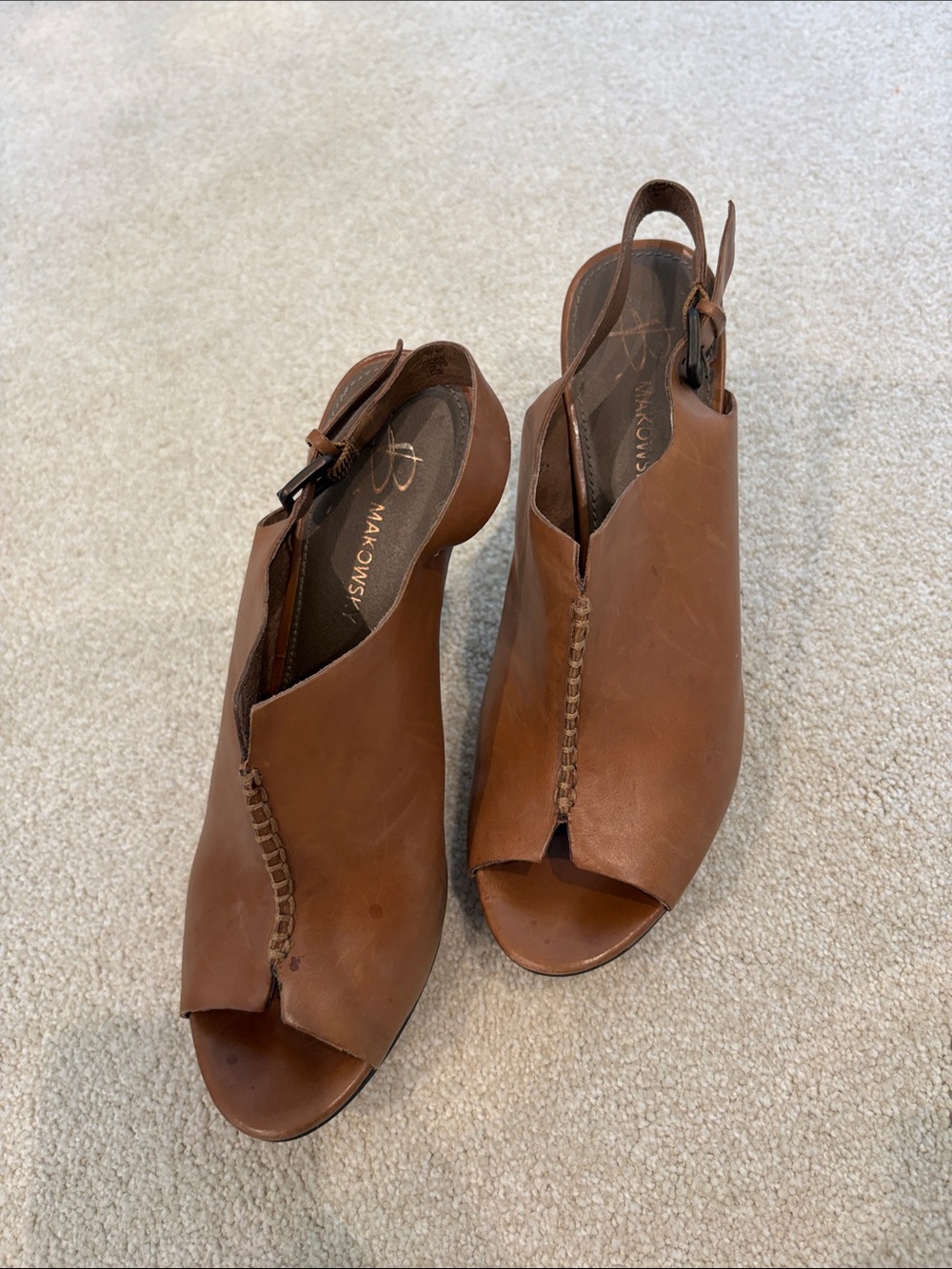 Makowsky Cognac Brown Leather Open-Toe Slingback Mules